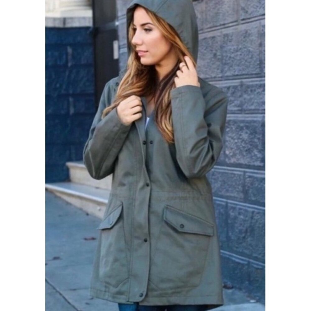 Betabrand Morning Mess Women's Sz L Olive Green Twill Hooded Jacket Zip Snap USA